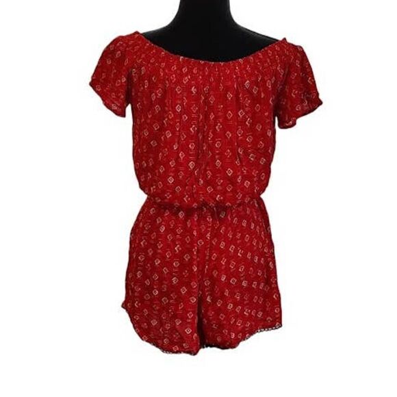 Xhilaration Red Boho Print Short Sleeve Romper Small - Picture 3 of 5
